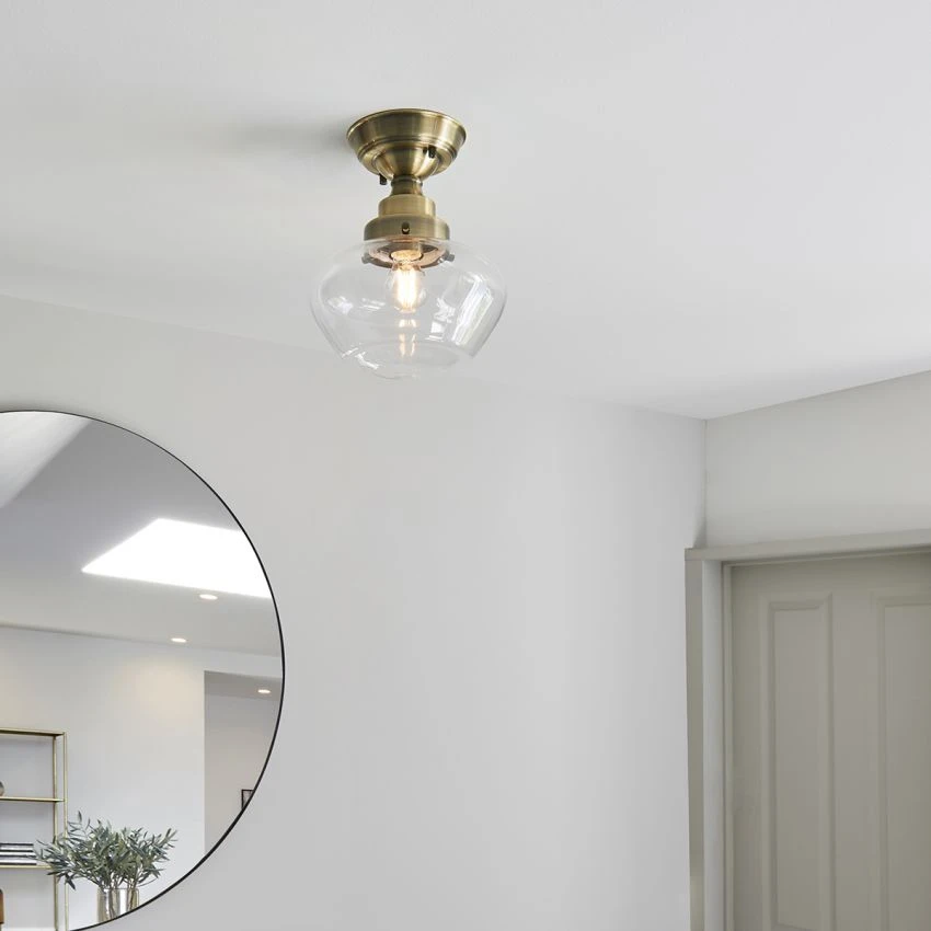 Cambrose Clear Glass Semi Flush Light In Antique Brass 2 Cambrose Clear Glass Semi Flush Light In Antique Brass - Image 2