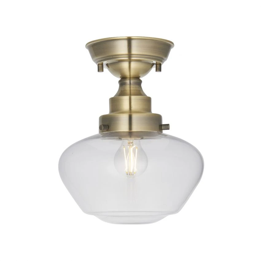 Cambrose Clear Glass Semi Flush Light In Antique Brass 1 Cambrose Clear Glass Semi Flush Light In Antique Brass