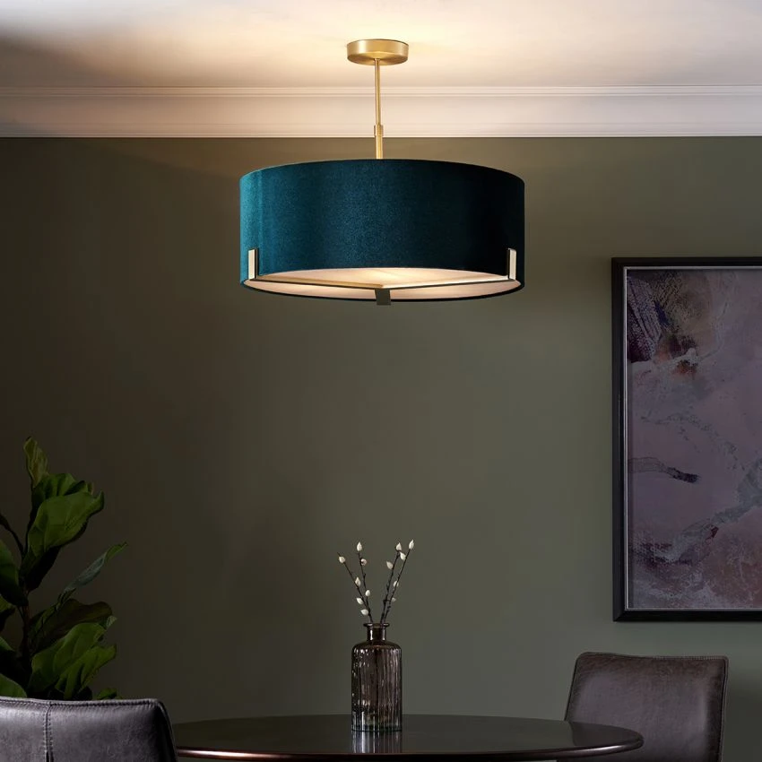 Nina Three Light Pendant In Antique Brass With Green Velvet Shade 2 Nina Three Light Pendant In Antique Brass With Green Velvet Shade - Image 2