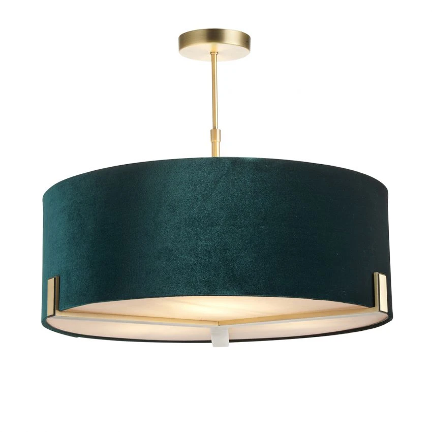 Nina Three Light Pendant In Antique Brass With Green Velvet Shade 1 Nina Three Light Pendant In Antique Brass With Green Velvet Shade