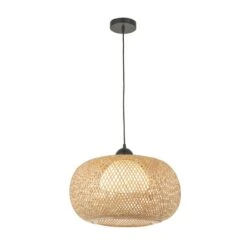 Bailey Natural Bamboo Round Pendant In Matt Black