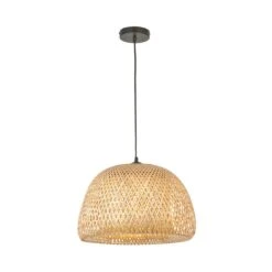 Bailey Natural Bamboo Dome Pendant In Matt Black