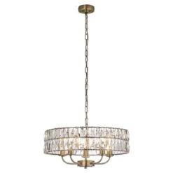 Clayton Crystal Glass Five Light Pendant In Antique Brass