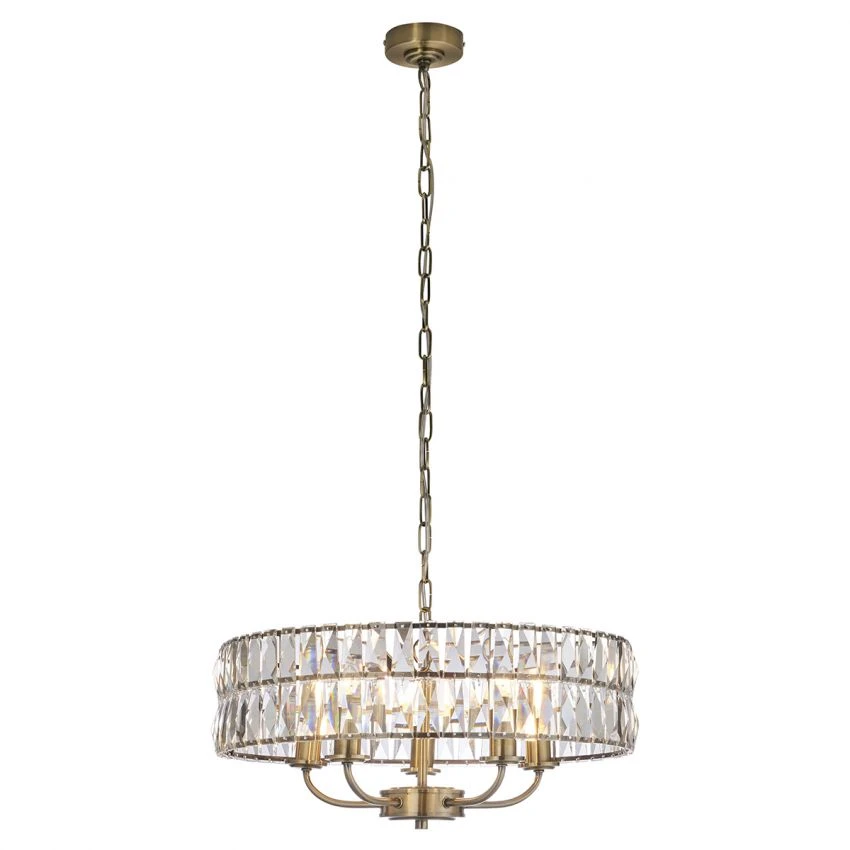 Clayton Crystal Glass Five Light Pendant In Antique Brass 1 Clayton Crystal Glass Five Light Pendant In Antique Brass