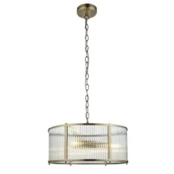 Richmond Ribbed Glass Three Light Pendant In Antique Brass