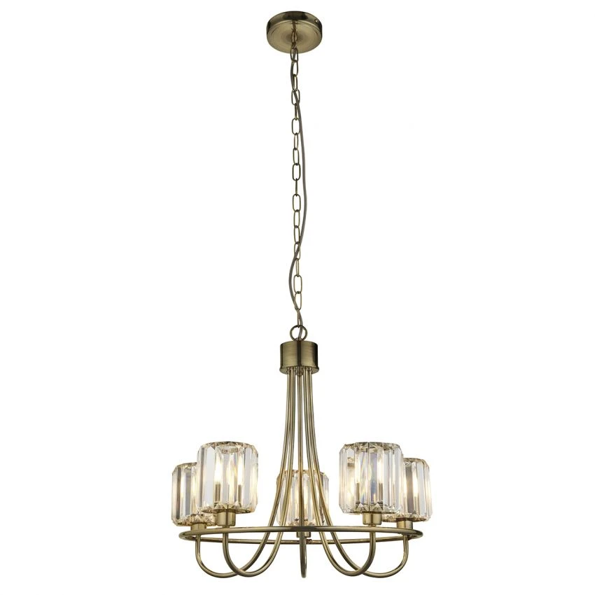 Bernadette Clear Glass Five Light Pendant In Antique Brass 1 Bernadette Clear Glass Five Light Pendant In Antique Brass